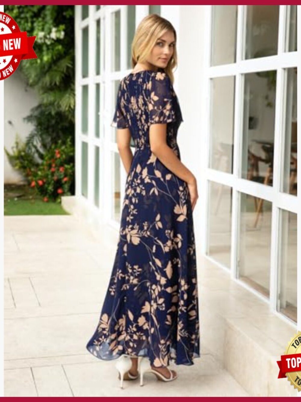 Summer Maxi Dress Floral Boho Flowy Chiffon Smocked Top Short Sleeve - Picture 4 of 7
